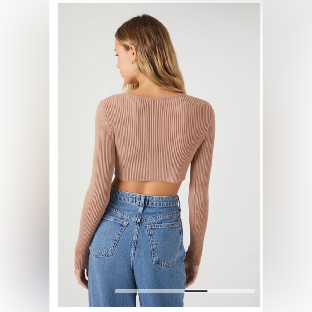 FOREVER 21 Nude Beige Tan Camel Cropped Ribbed Cardigan Sweater Top Shirt Sz M - Picture 4 of 16